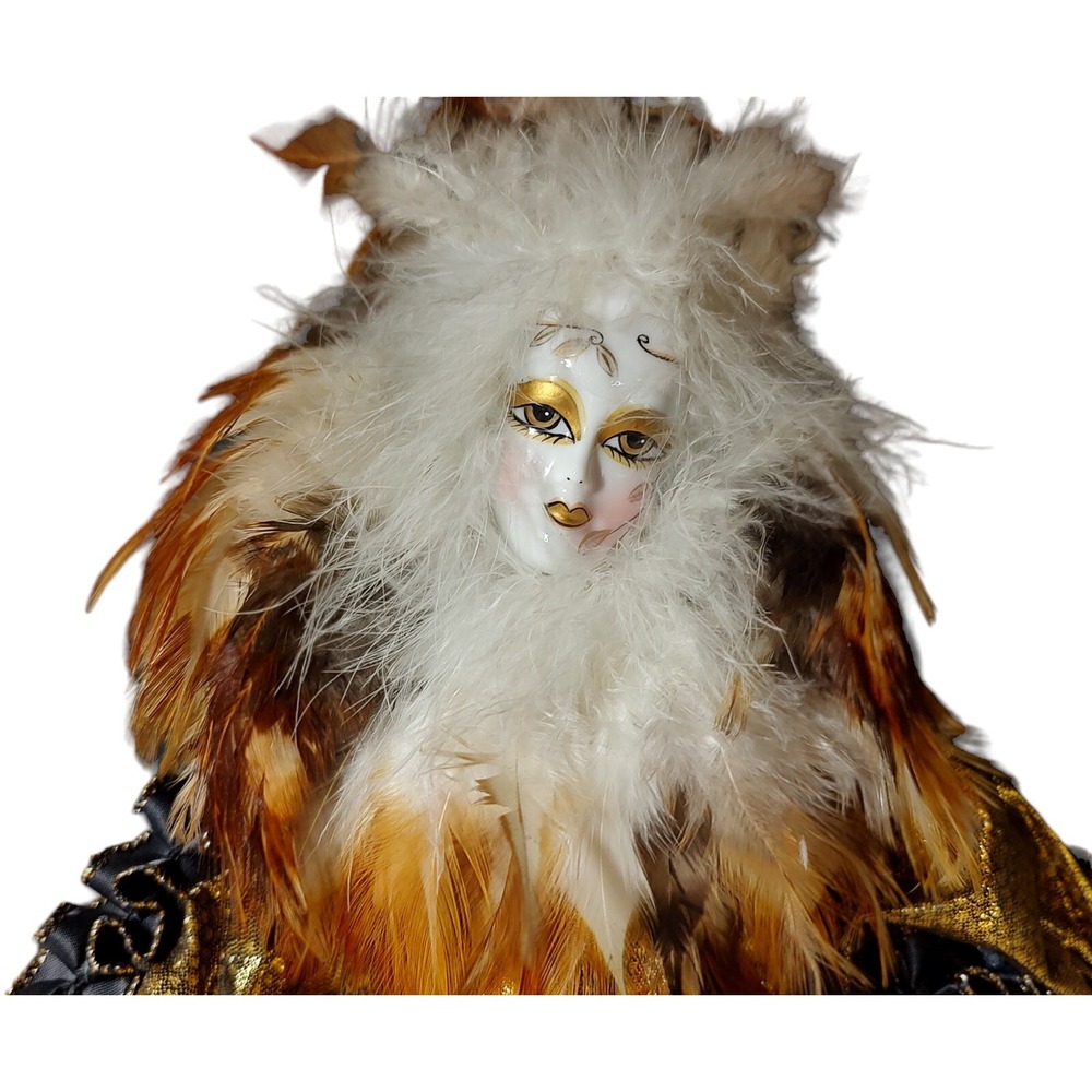 Vintage Musical‎ Movable Fashion Doll Feather Headpiece Gold Metallic Outfit